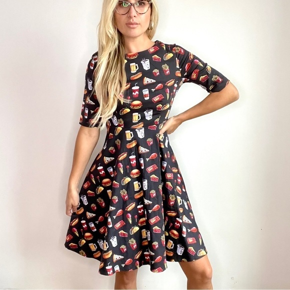 Retro Pinup Pizza, Hotdog, Burger, Chinese, Beer A Line Fit & Flare Dress - Picture 2 of 13